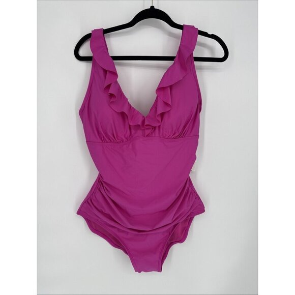 DKNY Size XXL Pink Ruffle Plunge Underwire Tummy-Control One-Piece Swimsuit New - Picture 2 of 6